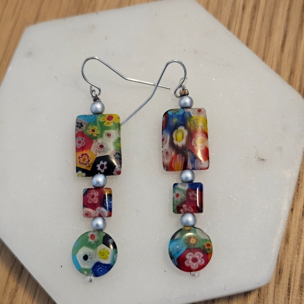 Vintage Italian Millefiori Murano Glass Bead pierced Drop Earrings Silver tone